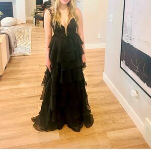 Sherri Hill Black Tiered Ruffle Evening Dress